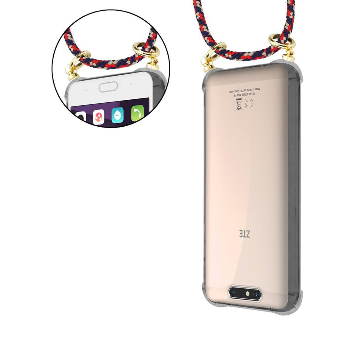 Telefon in einer Hülle mit Lanyard, das Telefon ist sichtbar.