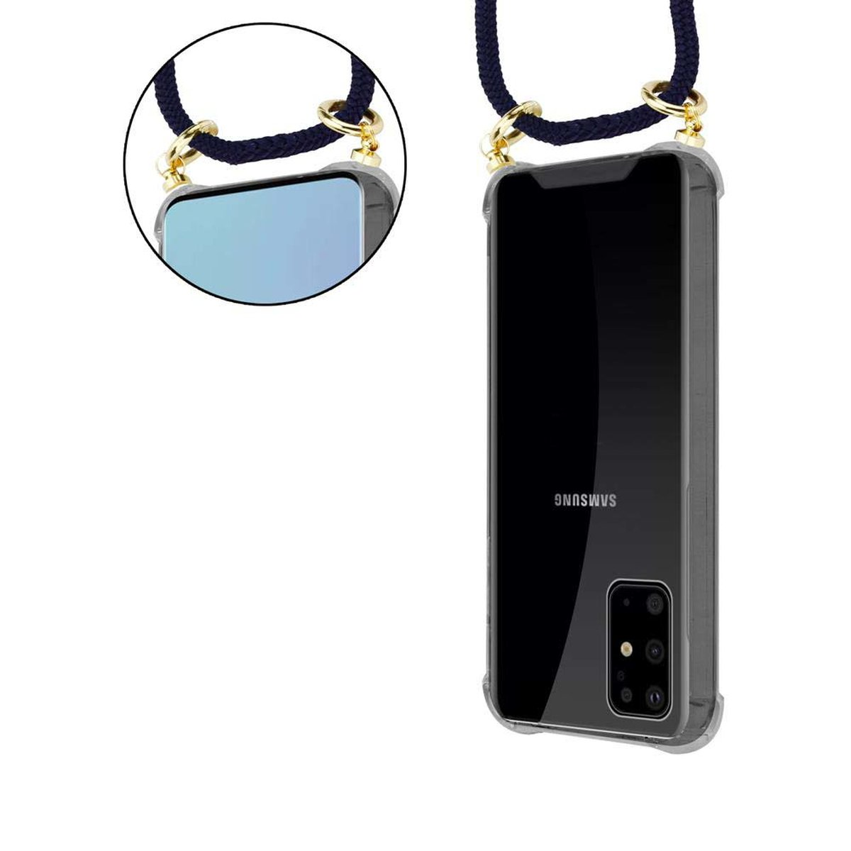 Un telefono in una custodia trasparente con cinturino blu e dettagli dorati.