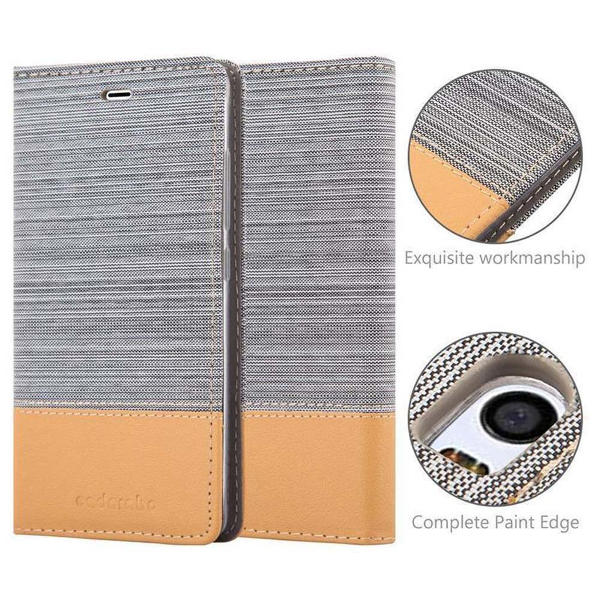 Custodia per telefono grigio e beige con dettagli aggiuntivi come cuciture.