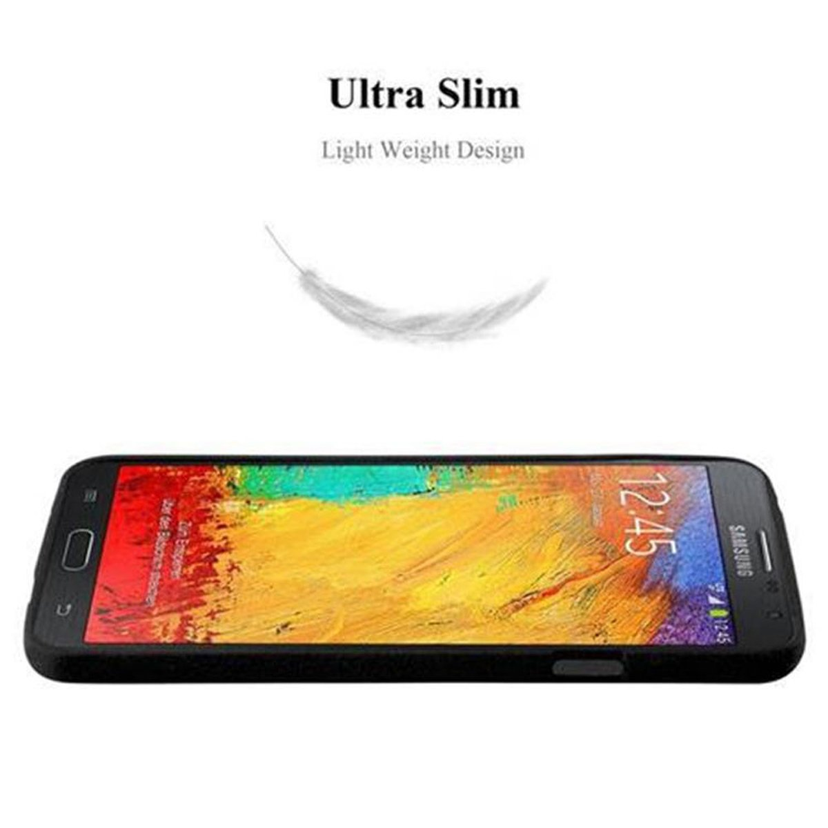 Telefono con custodia nera e un'illustrazione di piuma sopra.