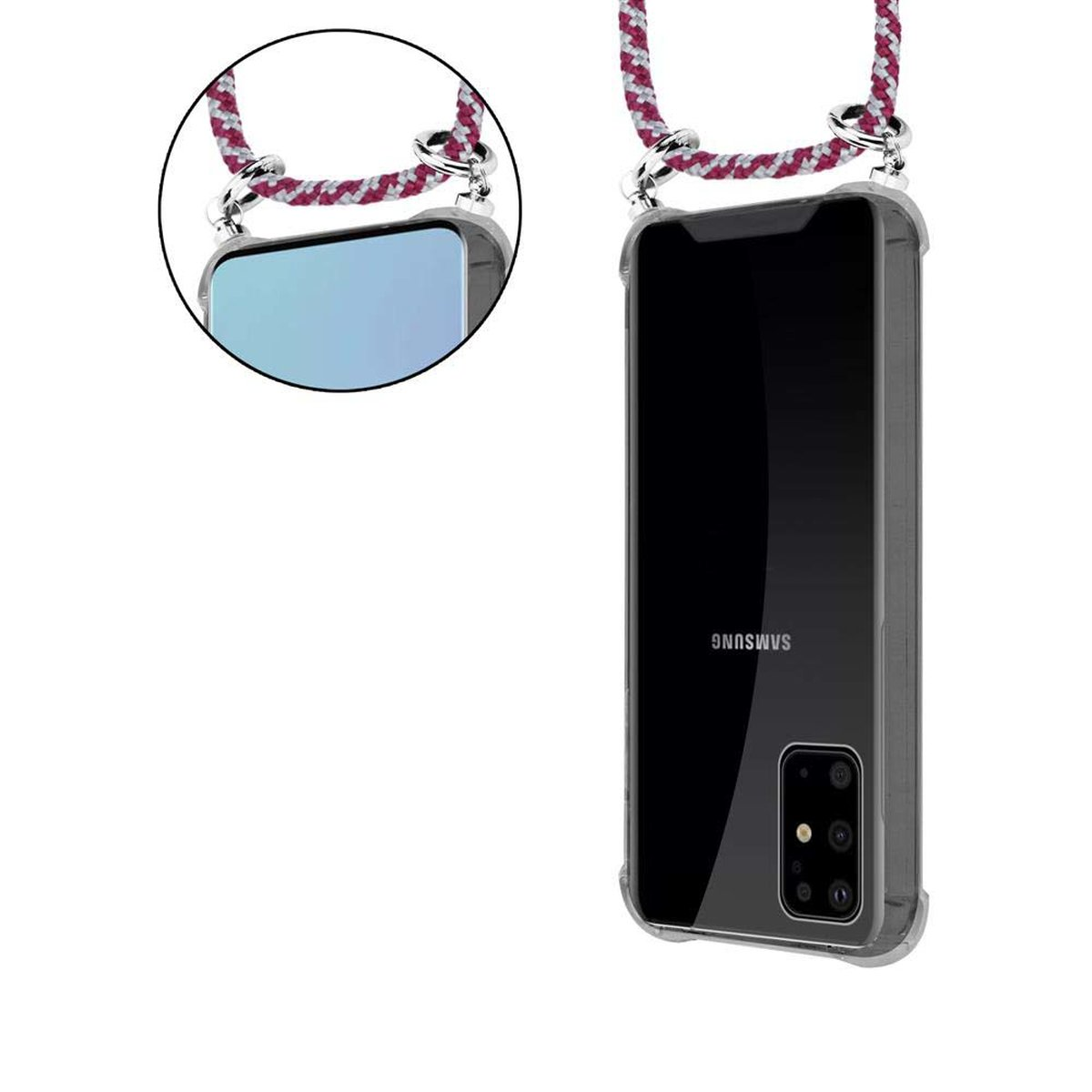 Telefono in una custodia trasparente con un cordino bordeaux, immagine dettagliata dell'attacco del telefono.