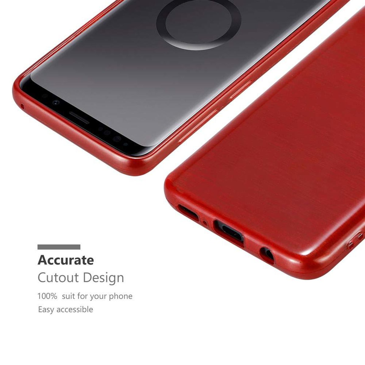 Due custodie rosse per telefono, una con un telefono all'interno. Testo: Accurate Cutout Design.