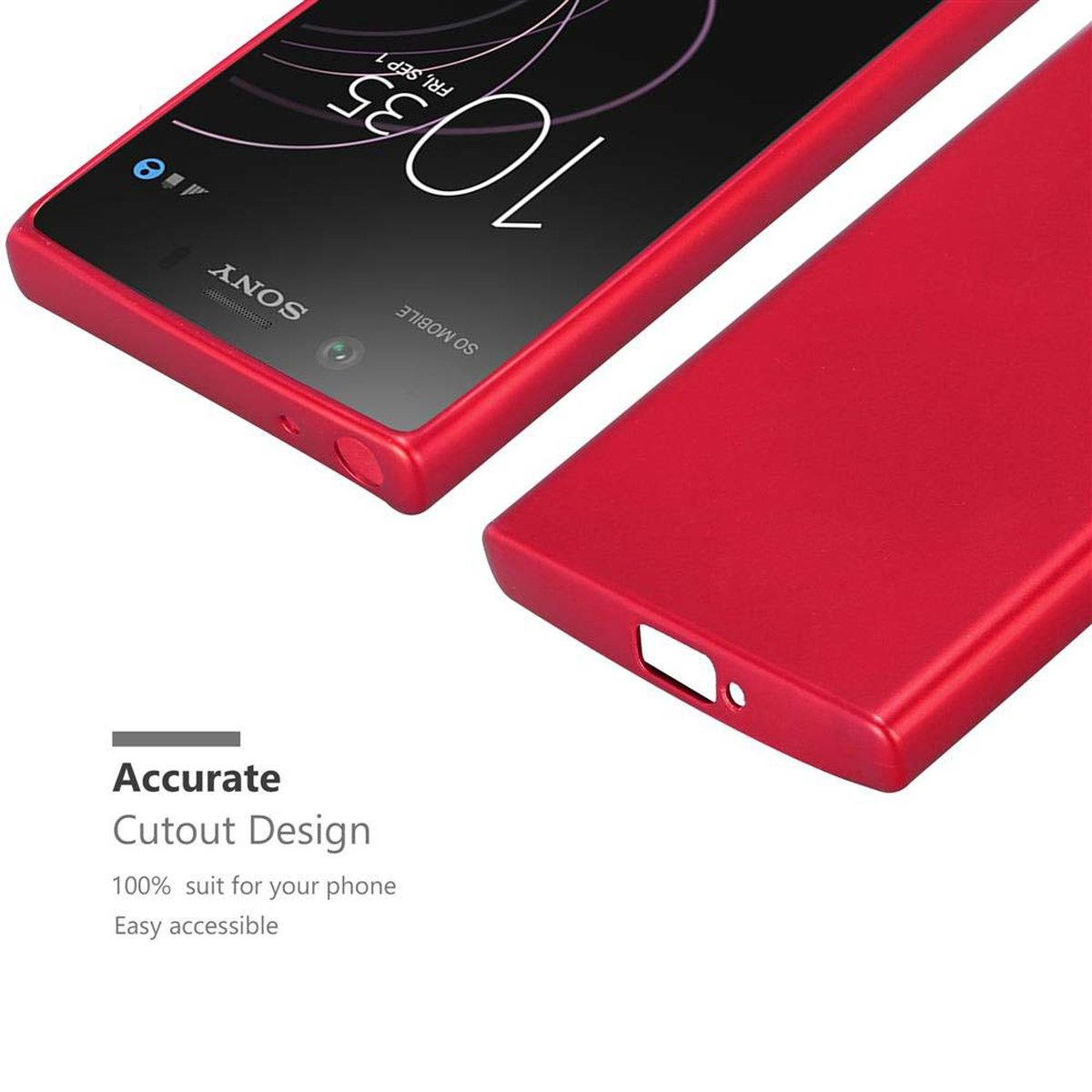 Custodia rossa per telefono e telefono. Il telefono è rosso. Lo sfondo è bianco.