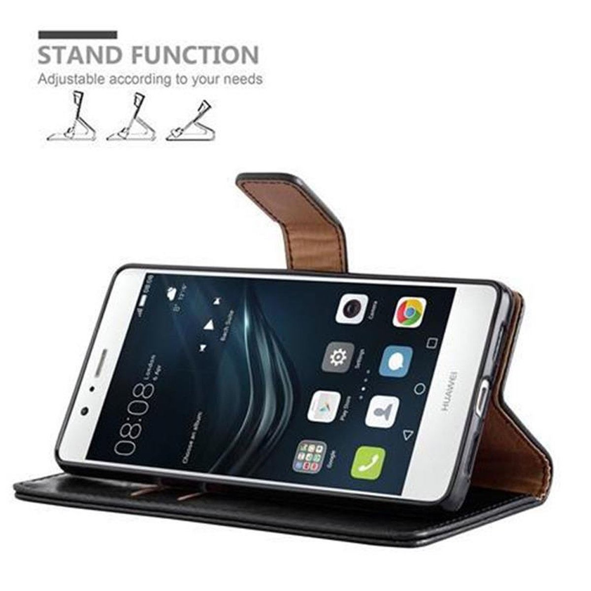 Una funda de teléfono se abre para mostrar un teléfono de pie en un soporte. El texto 'STAND FUNCTION' es visible.