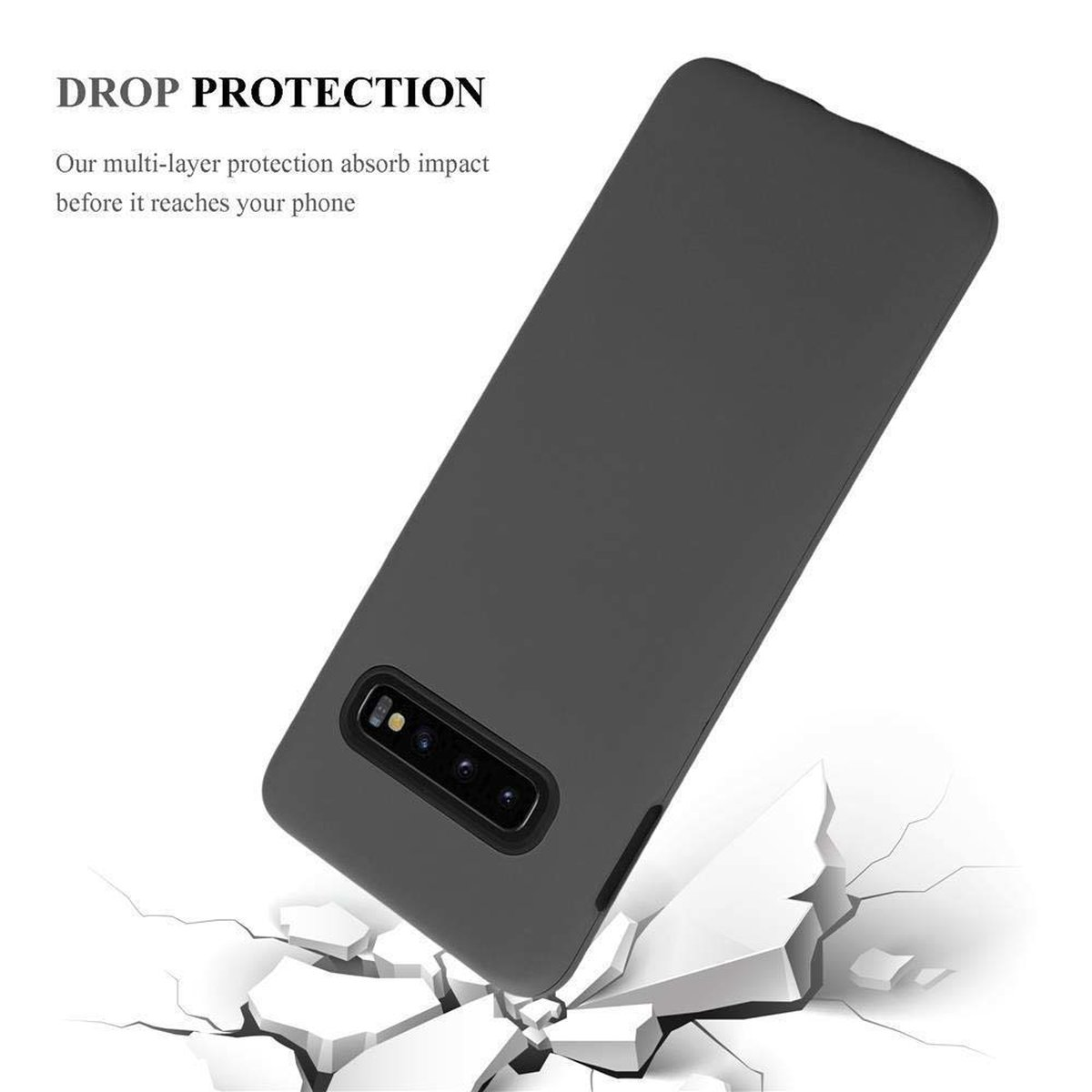 Eine Handyhülle auf einer Oberfläche mit Riss-Effekt, mit Text, Drop Protection.