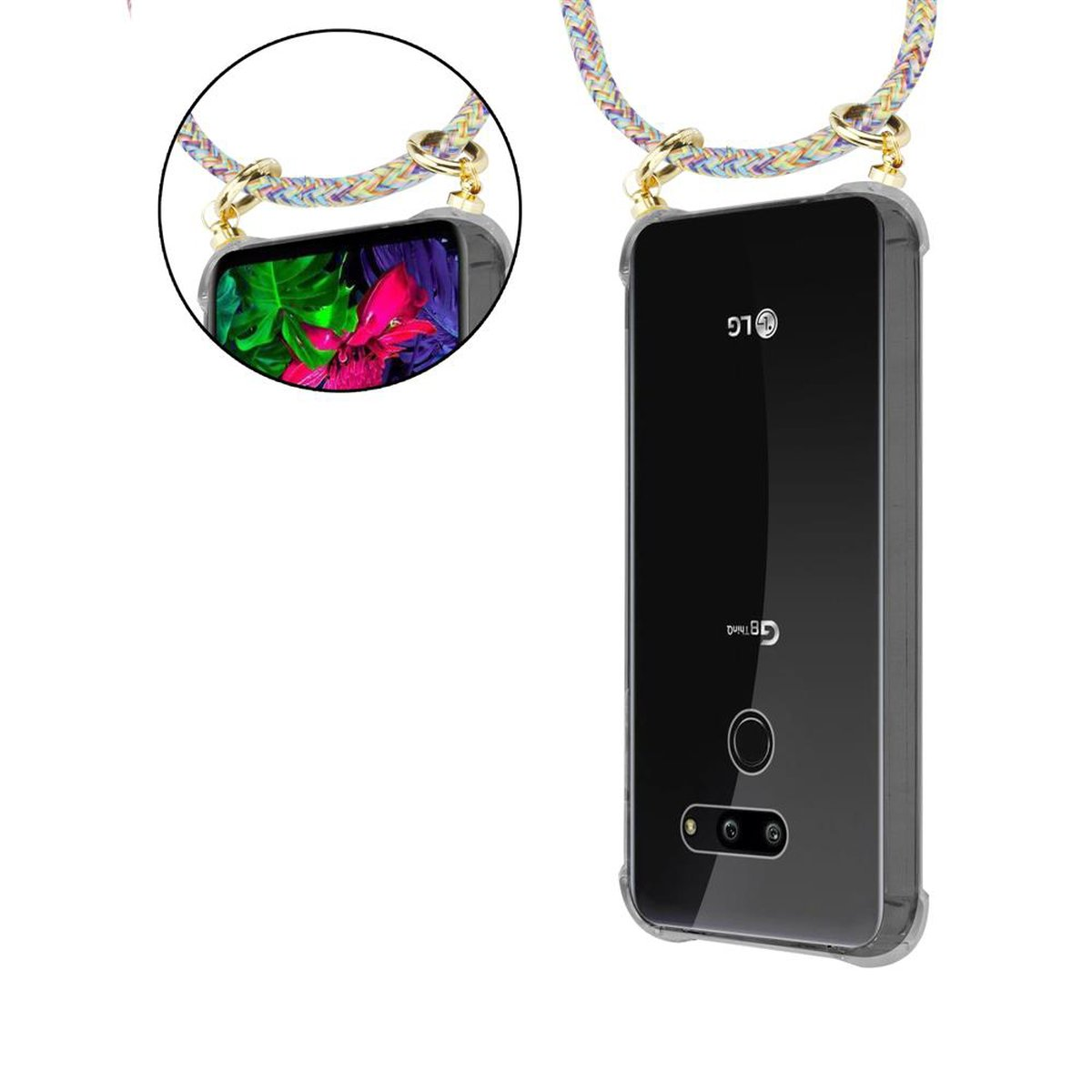 Ein Telefon in einer Hülle mit Lanyard, das ein farbenfrohes Display zeigt.