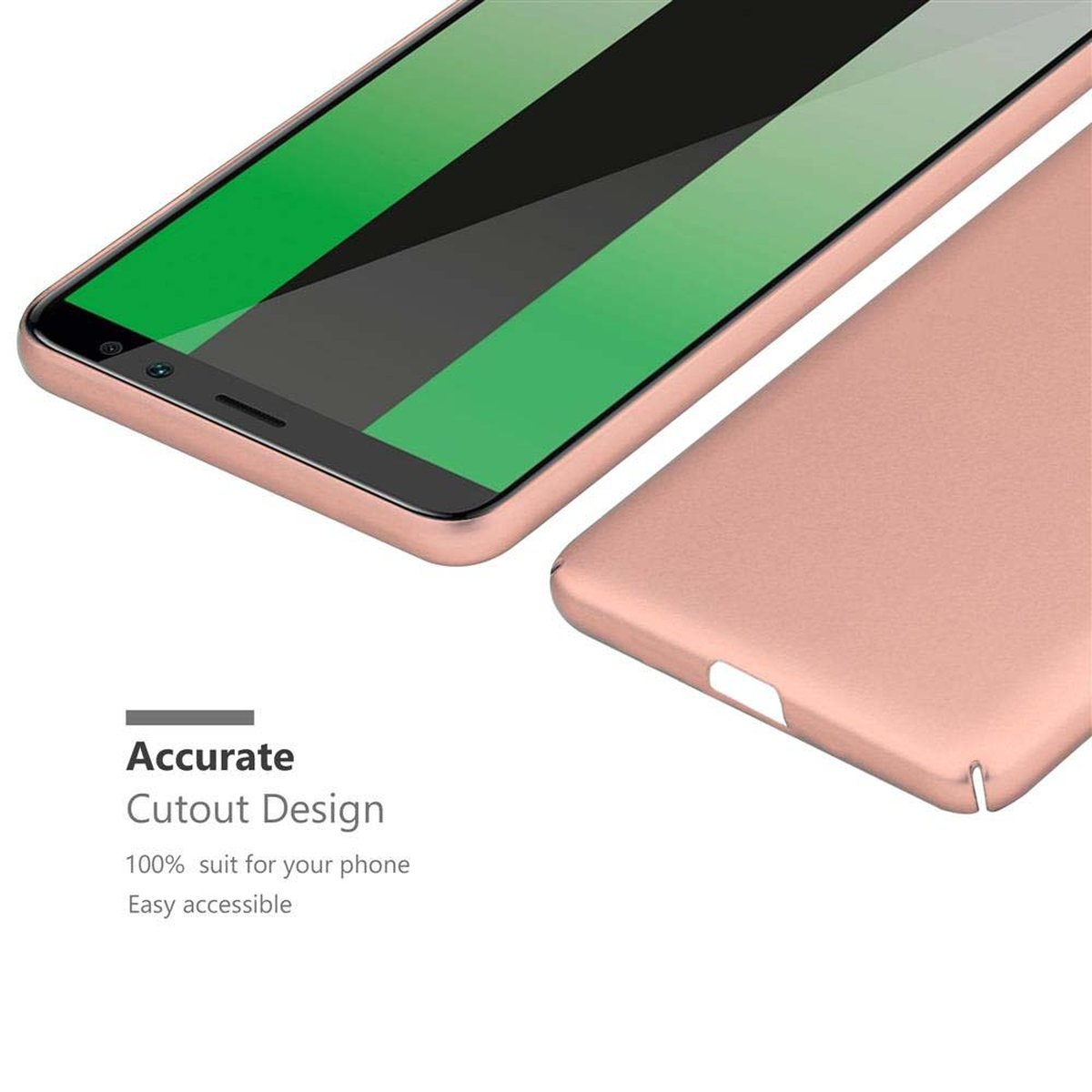 Un telefono in una custodia oro rosa. Il display è verde. Il design ritagliato è mostrato.