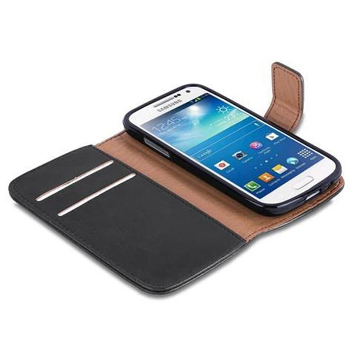Teléfono en una funda, abierto, mostrando la pantalla. Tiene ranuras para tarjetas. Negro y marrón.