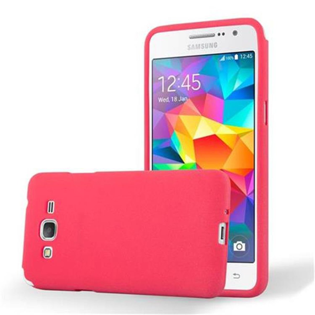 Funda de teléfono rosa con un teléfono. El teléfono tiene una pantalla blanca que muestra la hora 12:45. La funda también es rosa.
