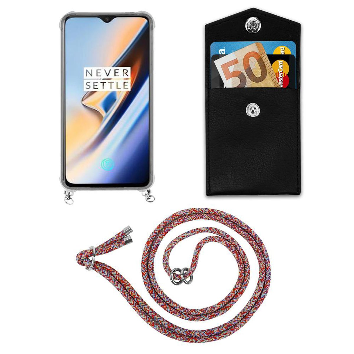OnePlus, Kette Silber Kordel PARROT Handy 6, mit und Hülle, Band abnehmbarer COLORFUL Backcover, CADORABO Ringen,