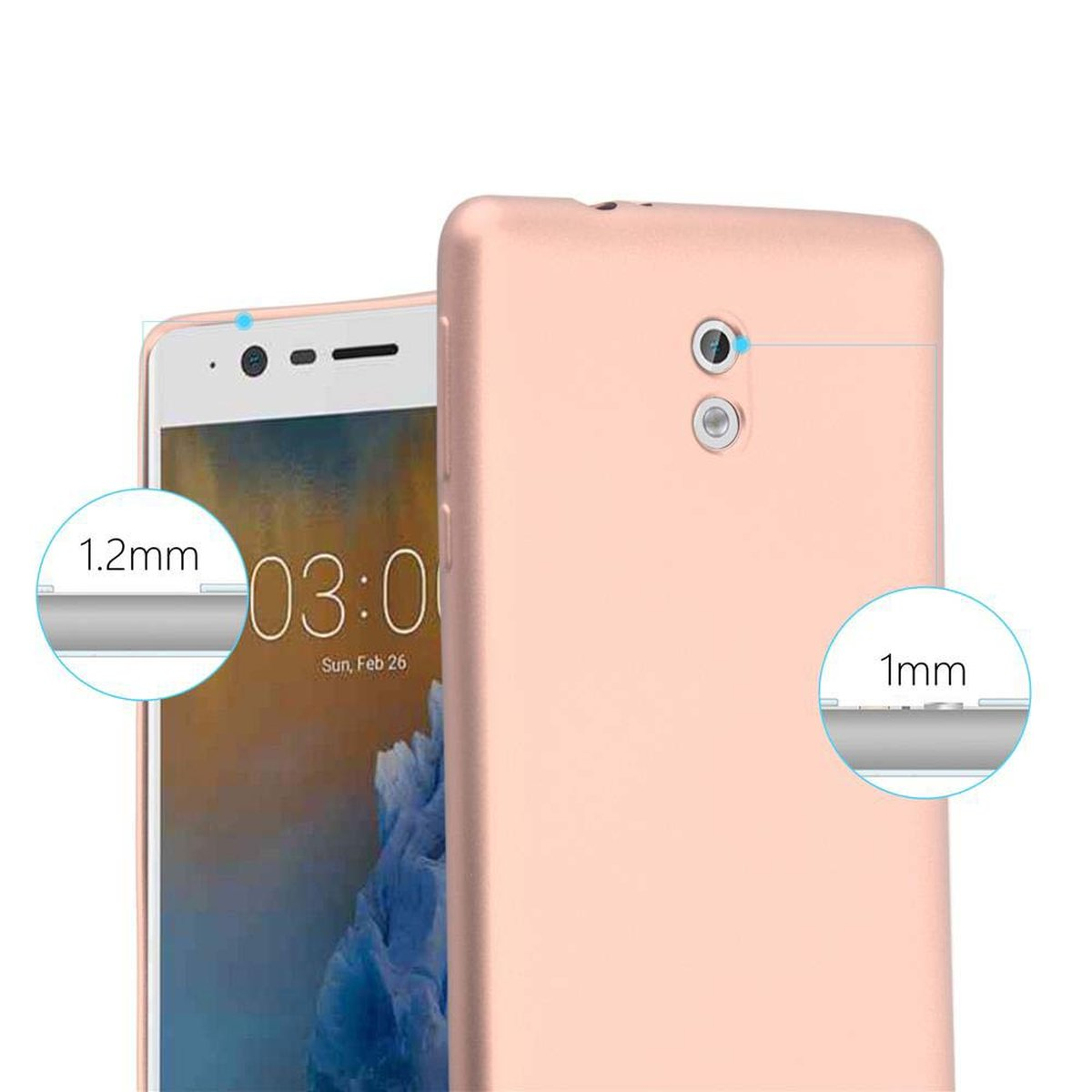 Due telefoni sono visualizzati fianco a fianco. Il testo e i cerchi indicano lo spessore della custodia.