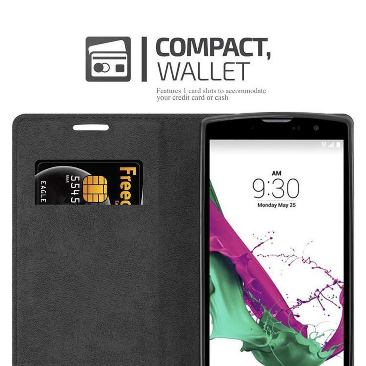 Funda de teléfono con tarjeta, la pantalla muestra la hora. Texto: 'COMPACT, WALLET'.