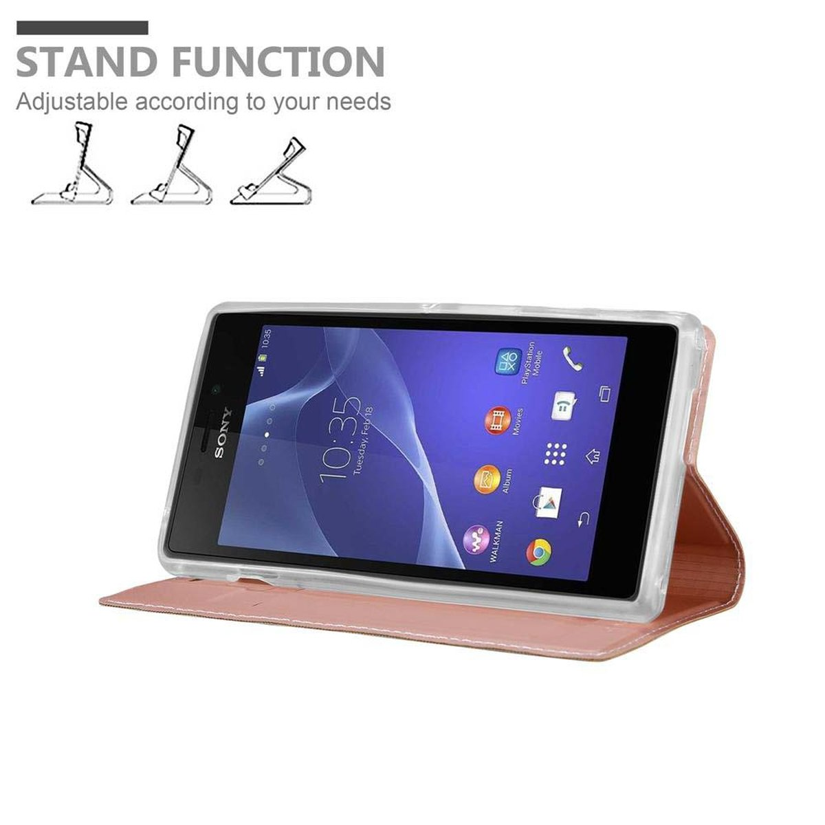 Sony-Telefon mit Hülle, Standfunktion. Rosa Hülle, weißer Hintergrund.