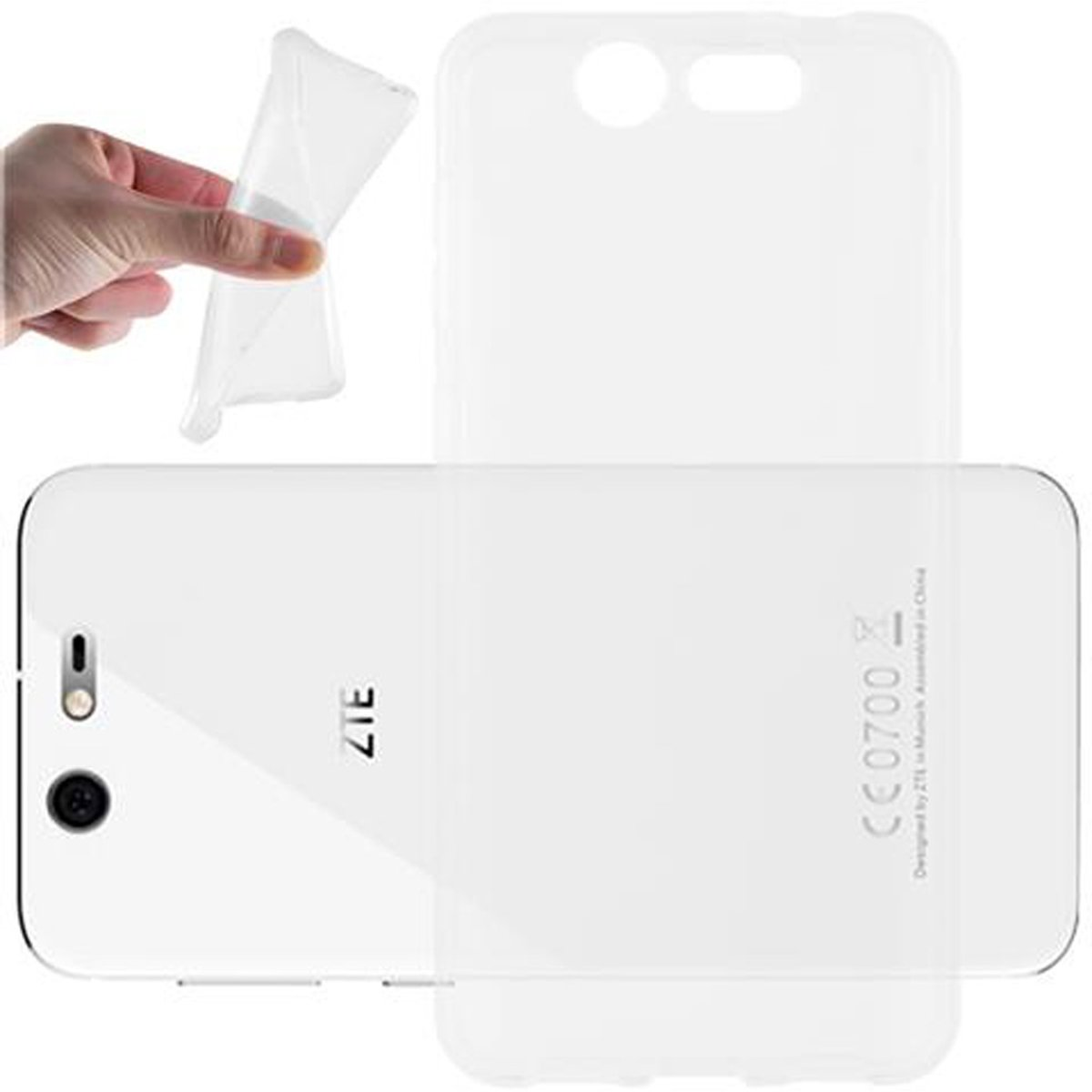 Ein weißes Telefon mit transparenter Hülle, gehalten von einer Hand, isoliert auf weißem Hintergrund.