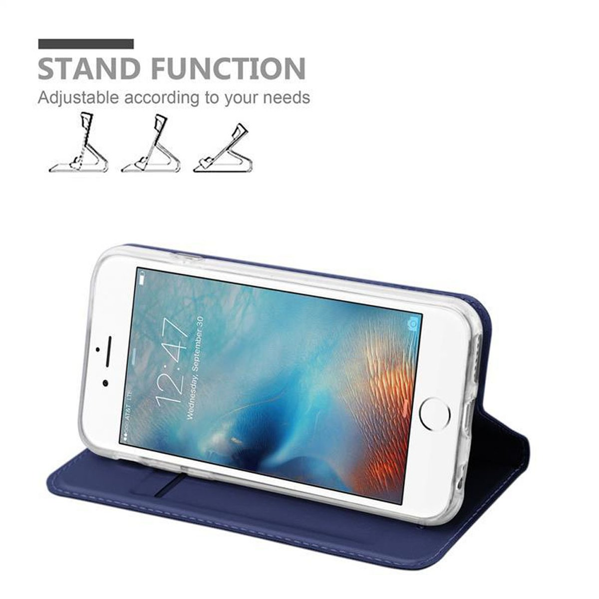 Telefono con custodia blu, appoggiato, che mostra un orologio. Testo: Stand Function.