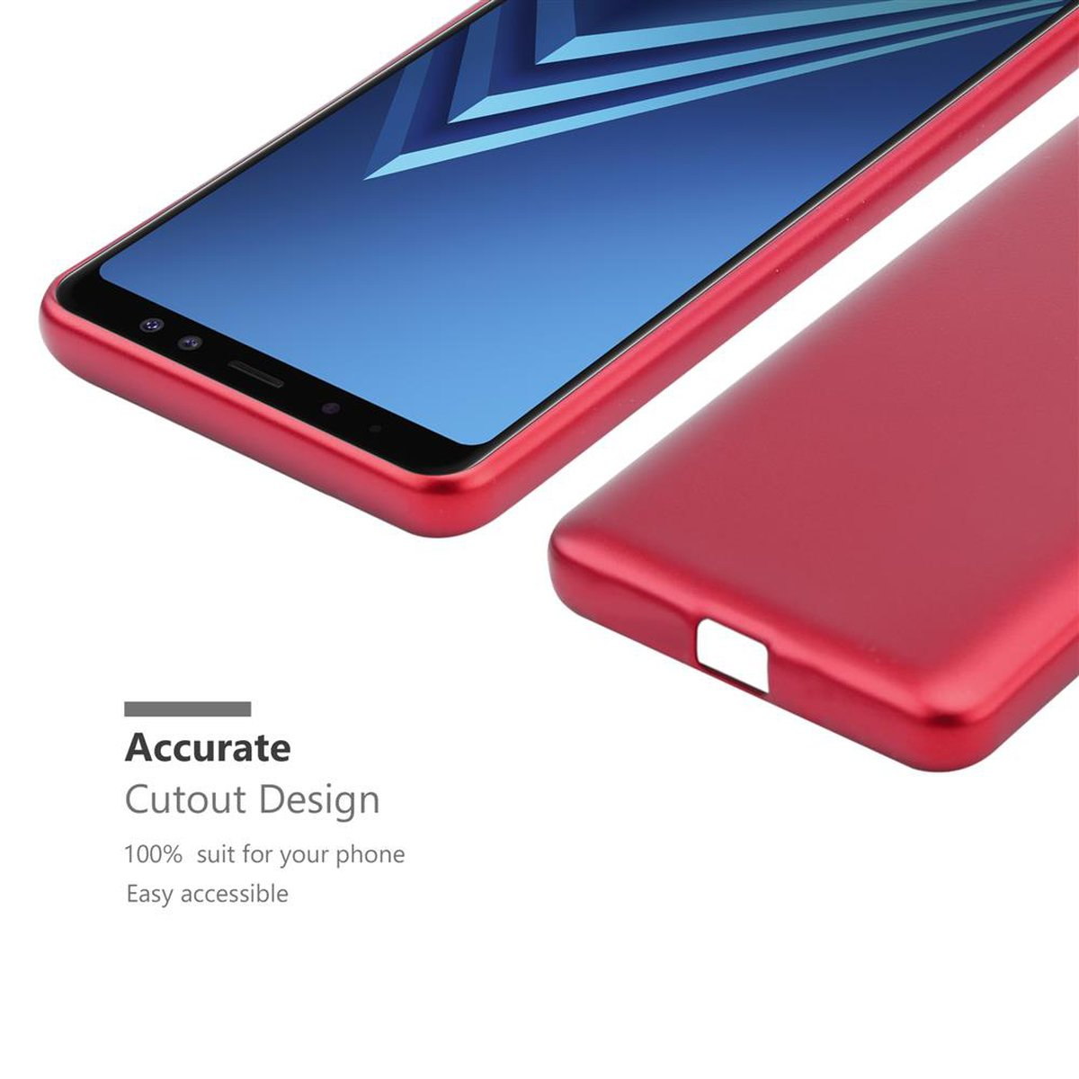 Telefon und Hülle. Das Telefon ist rot und die Hülle ist rot. Text lautet 'Accurate Cutout Design'.