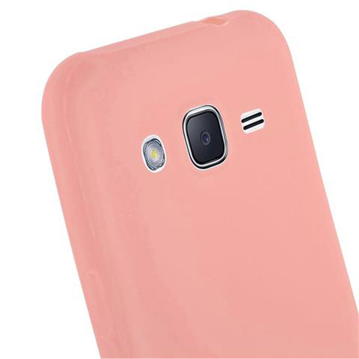 Primo piano di un telefono rosa. La fotocamera, il flash e altre funzioni sono visibili. Sfondo bianco.