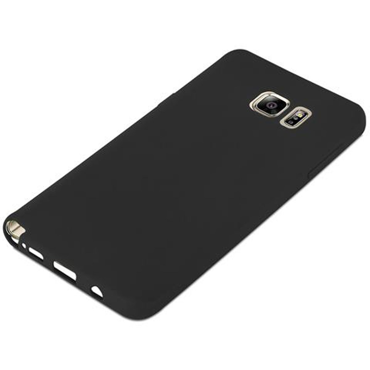 Schwarze Handyhülle. Kamera und Knöpfe sichtbar. Telefon auf weißem Hintergrund.
