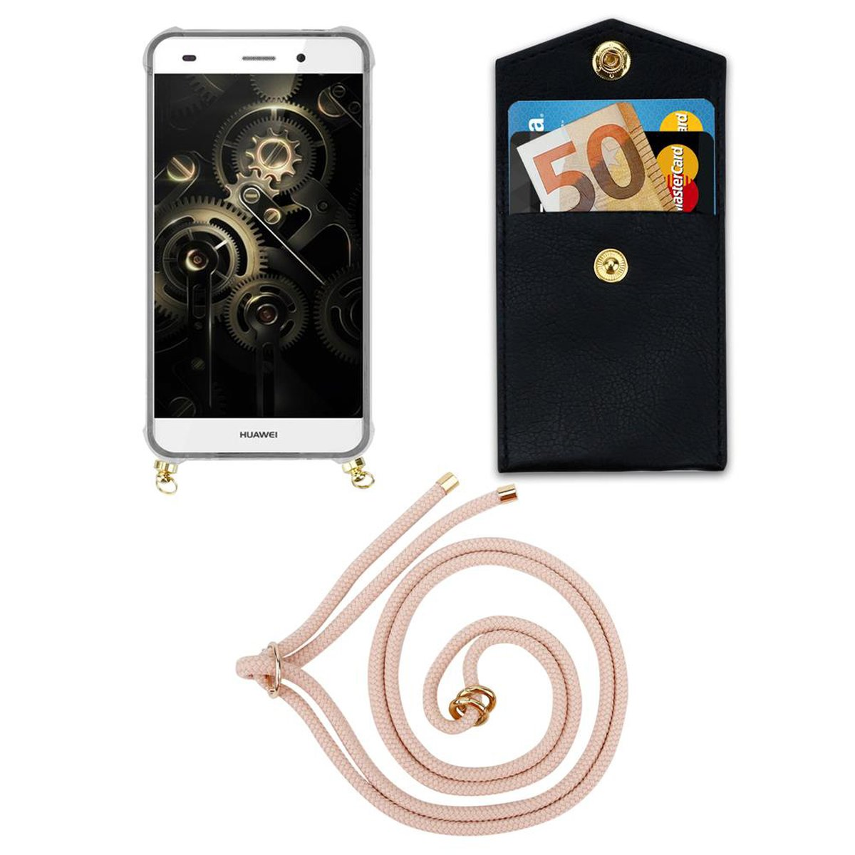 CADORABO Handy Kette mit Gold Backcover, Huawei, LITE 2015, Kordel Band Ringen, und Hülle, P8 abnehmbarer PERLIG ROSÉGOLD