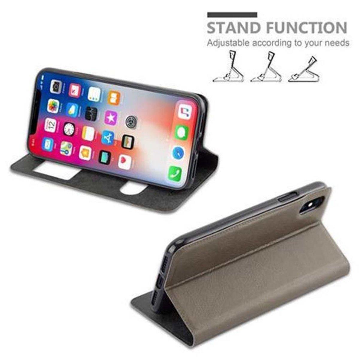 Telefono in una custodia con funzione stand, con un supporto, che è aperto.