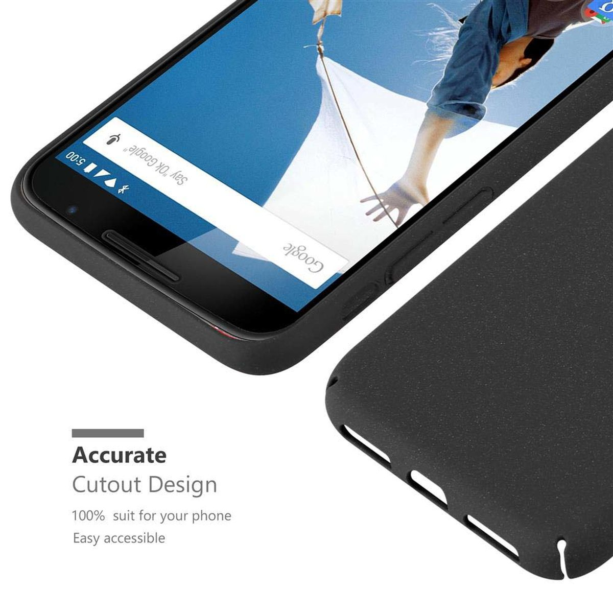 Dunkles Telefon mit Hülle, Nahaufnahme. Text: Präzises Ausschnittdesign, 100% passend.