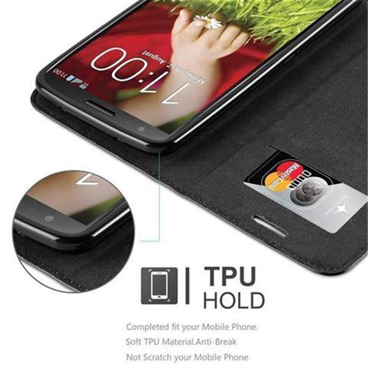 Custodia per telefono. Telefono all'interno. La custodia è nera e ha un supporto in TPU. Visualizzazione di una Mastercard.