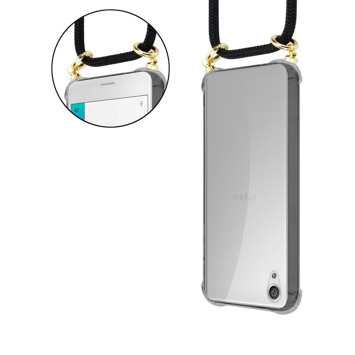 Handyhülle mit Lanyard. Das Telefon ist silberfarben. Das Lanyard ist schwarz mit goldenen Akzenten.