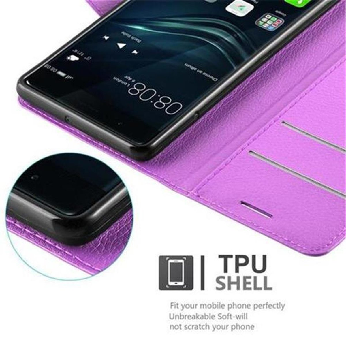 Schwarzes Telefon in lila Hülle. Text: TPU-SCHALE. Telefonhülle offen.