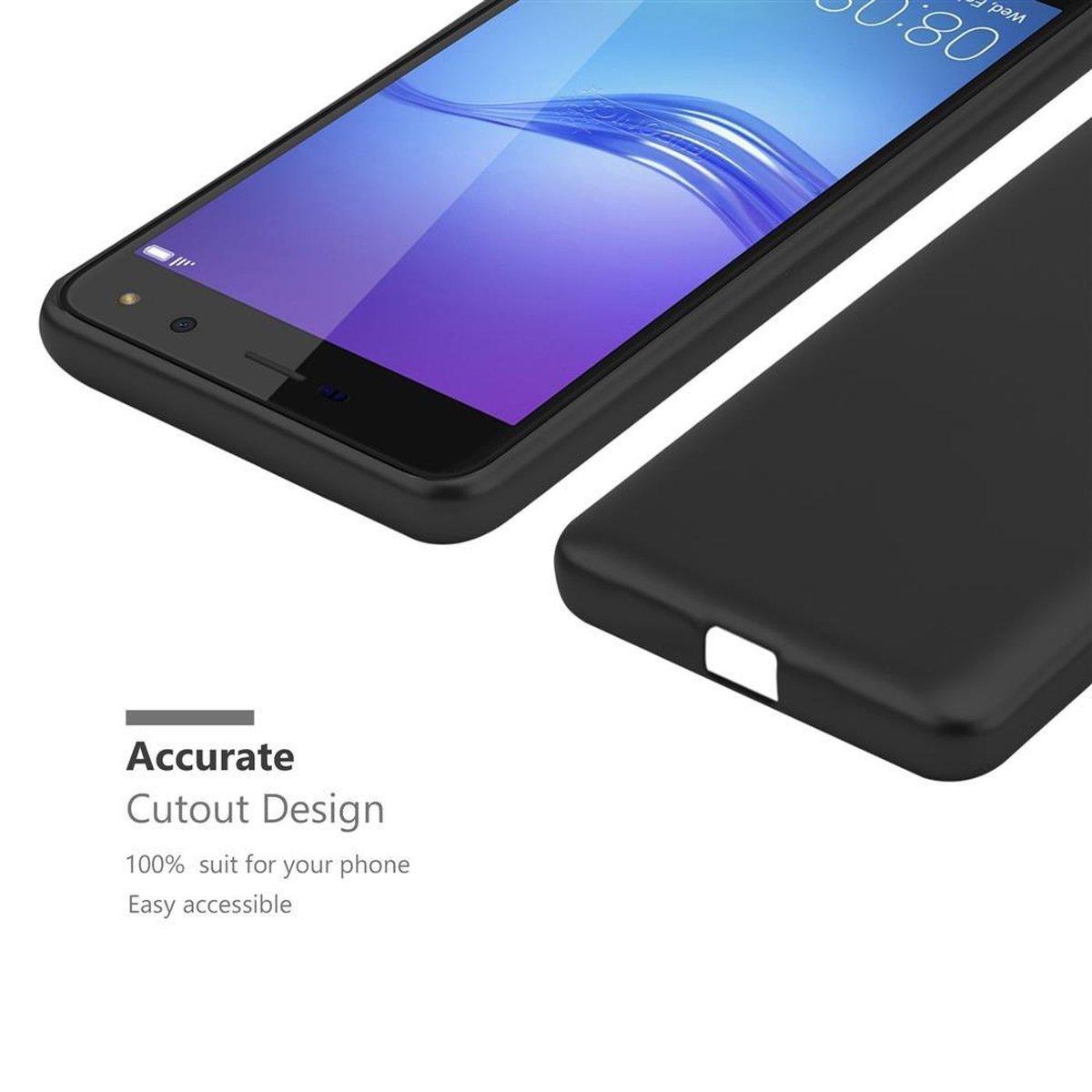 Schwarzes Telefon und Hülle mit Text 'Accurate Cutout Design' und '100% suit for your phone'.