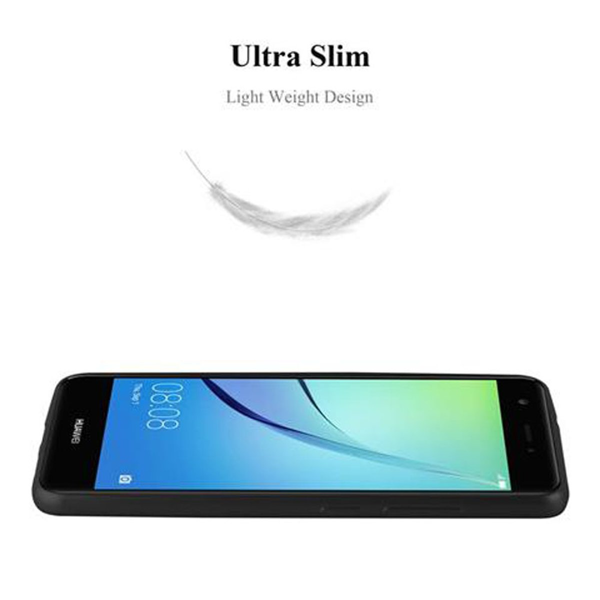 Schwarzes Telefon mit hellgrünem Bildschirm, liegend. Eine Feder-Illustration ist darüber.