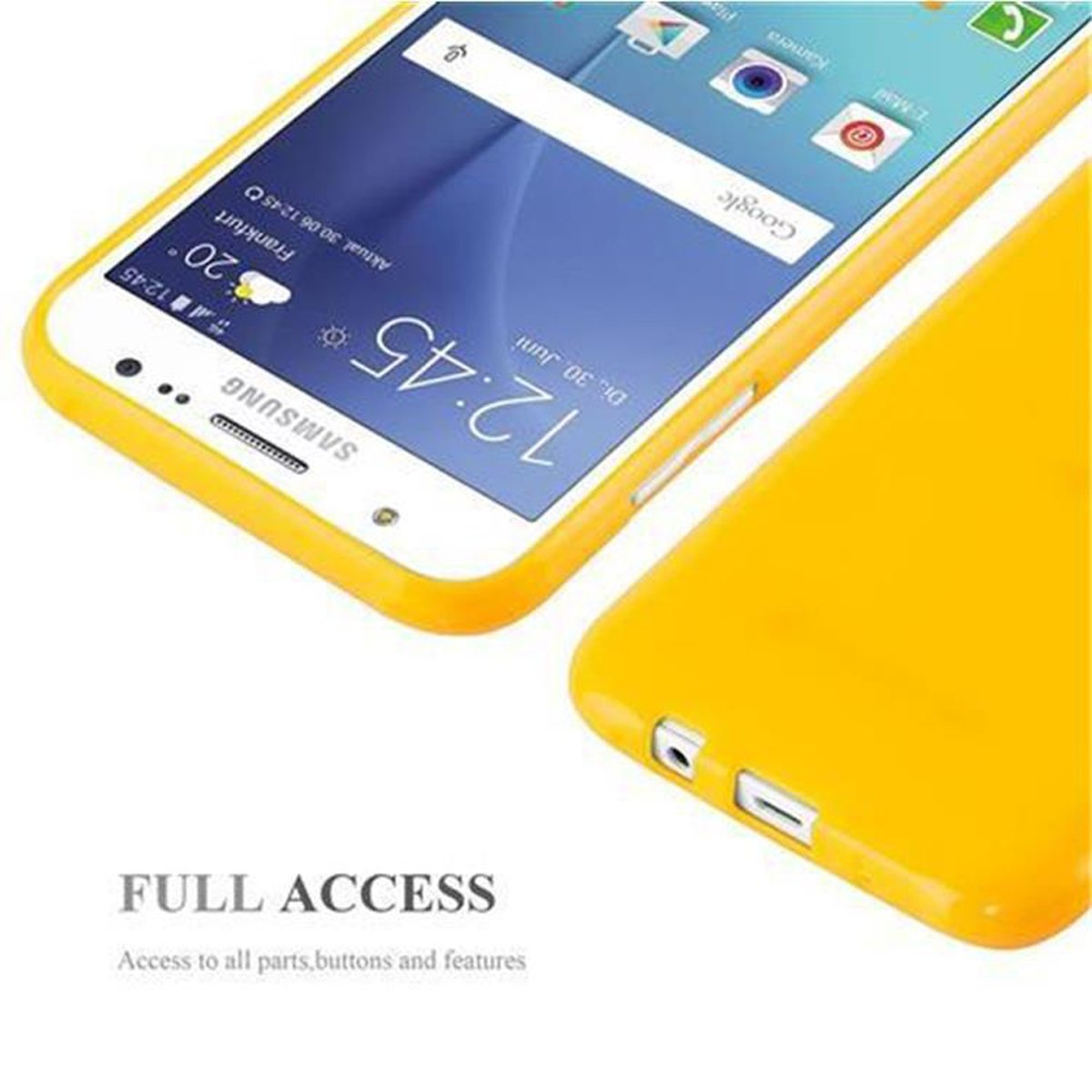 Una funda amarilla para teléfono está sobre un fondo blanco. Muestra la pantalla del teléfono y tiene el texto "Acceso completo".