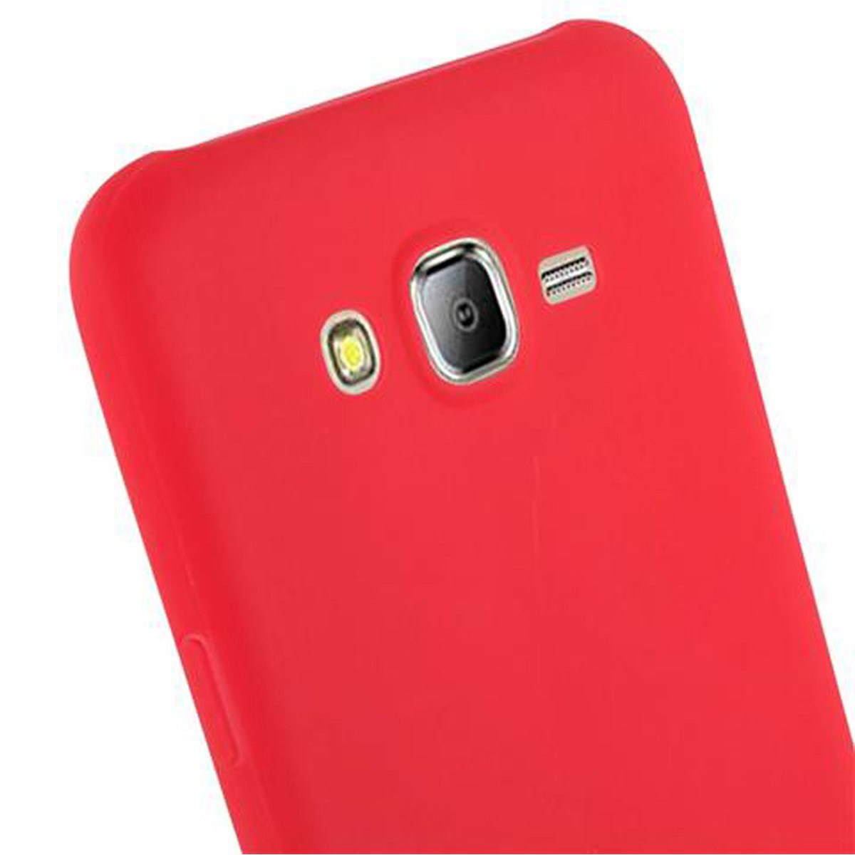 Retro del telefono rosso con fotocamera e flash. La fotocamera e il flash del telefono sono visibili.
