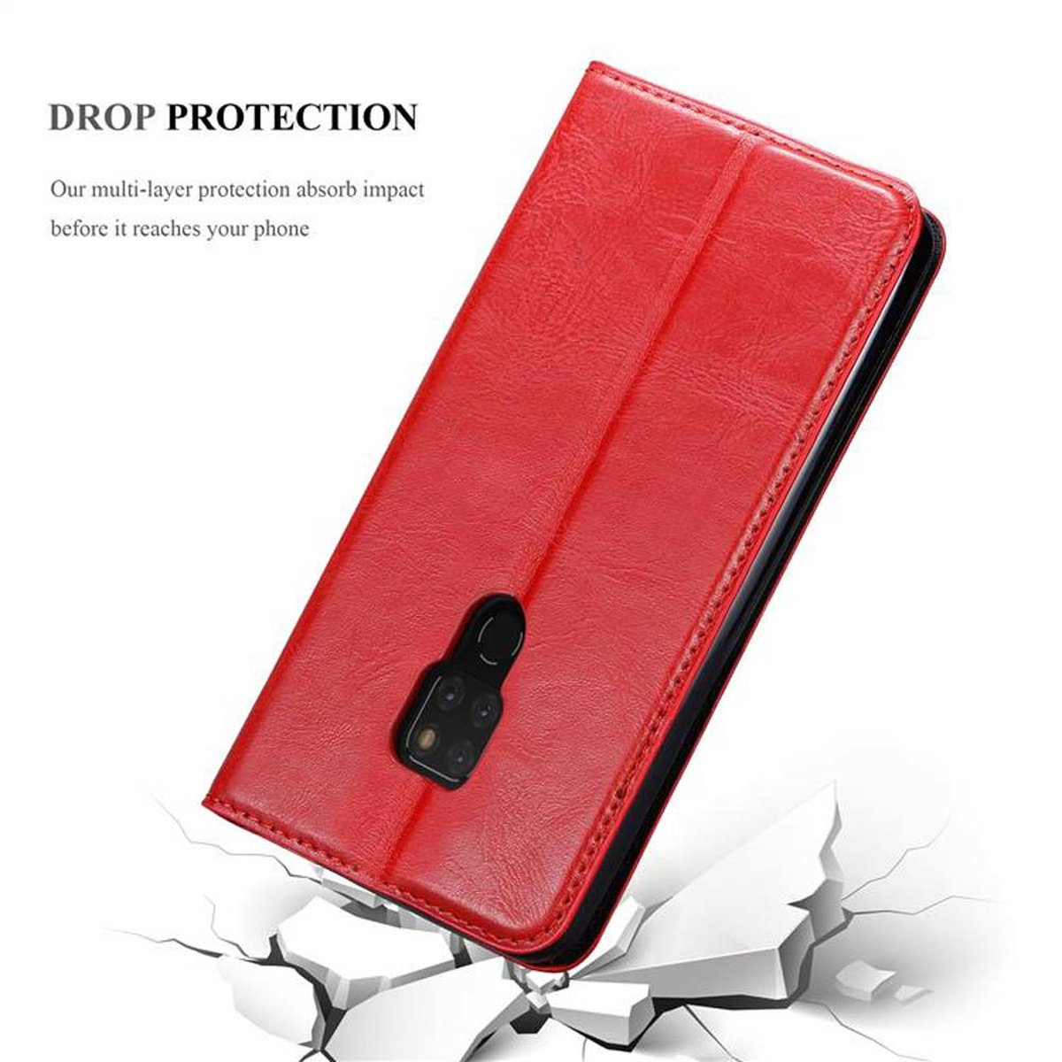 Custodia rossa con telefono, crepe a terra, protezione anti-caduta pubblicizzata.