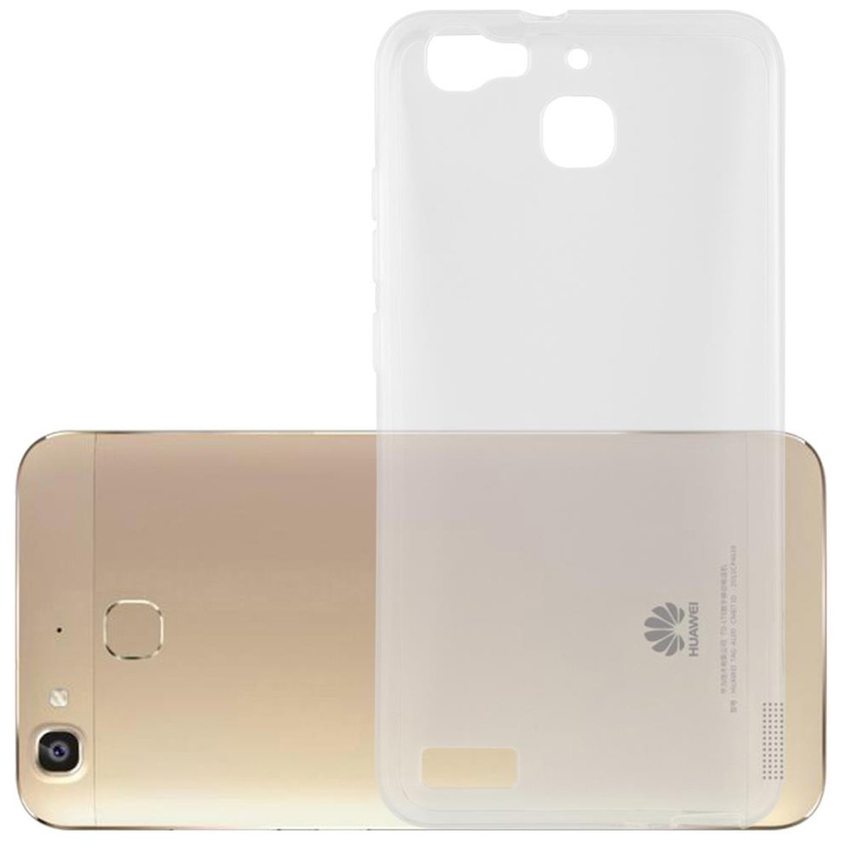 Teléfono dorado con funda blanca. Teléfono y funda sobre superficie blanca.