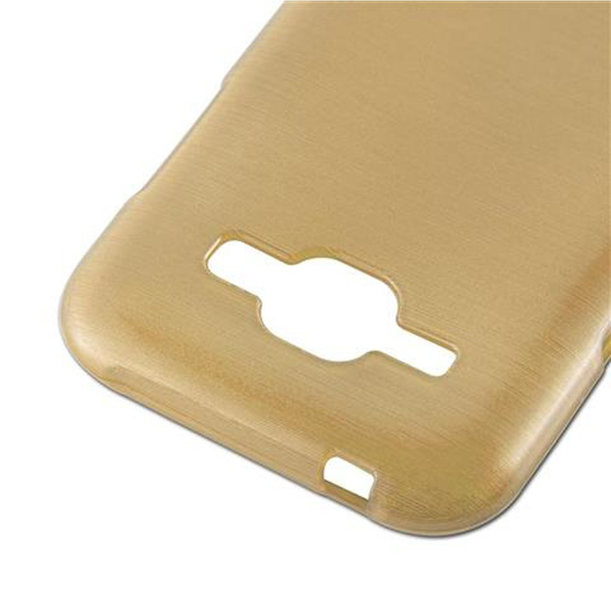 Goldfarbene Handyhülle. Es hat einen Ausschnitt für die Kamera und andere Öffnungen.