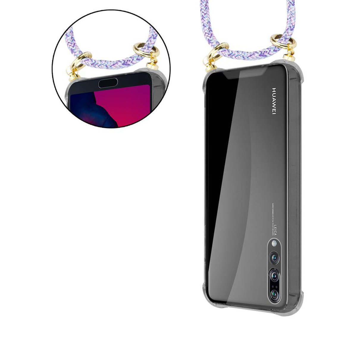 Un telefono con una custodia trasparente e un cordino. Il telefono ha uno schermo nero, con Huawei scritto sul retro.