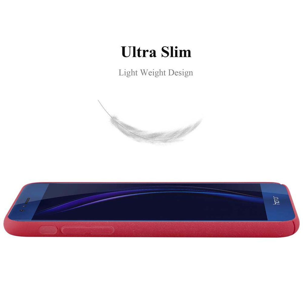 Rote Handyhülle auf weißem Hintergrund. Der Text 'Ultra Slim' und 'Light Weight Design' werden angezeigt.