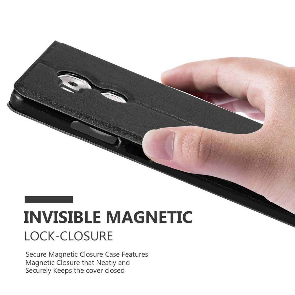 Mano che tiene una custodia nera. Il testo dice: INVISIBLE MAGNETIC LOCK-CLOSURE. Istruzioni mostrate.