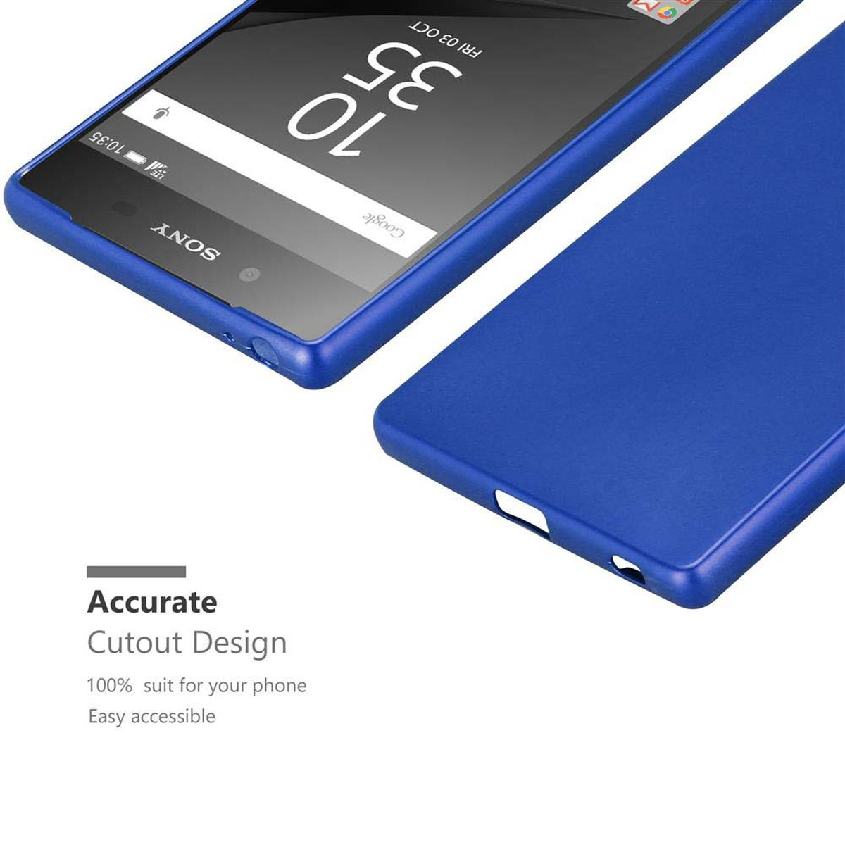 Custodia blu con testo di design con ritaglio preciso. Il telefono è nella custodia.