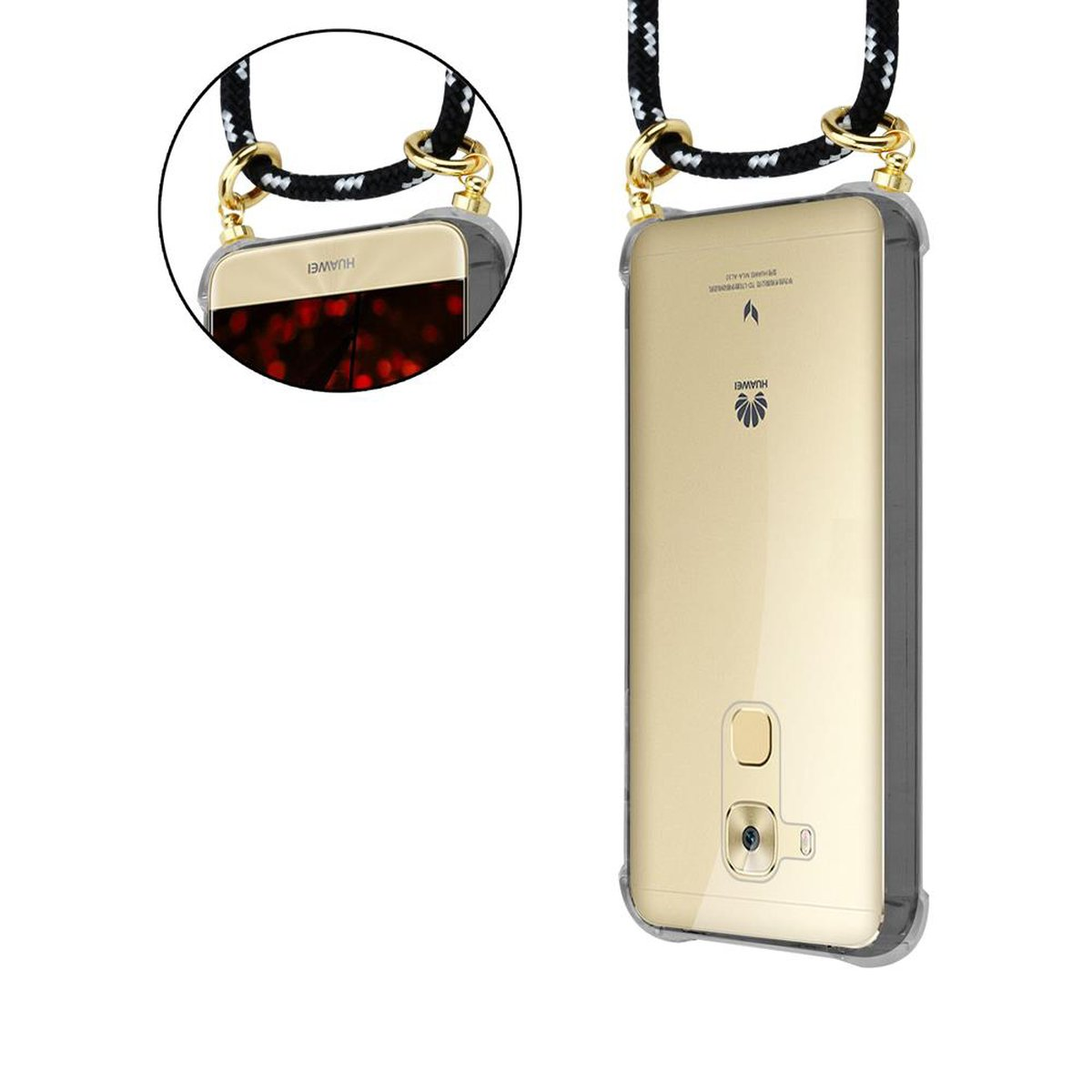 Telefono in custodia trasparente con collana di corda bianca e nera, chiusure dorate. Marchio Huawei.