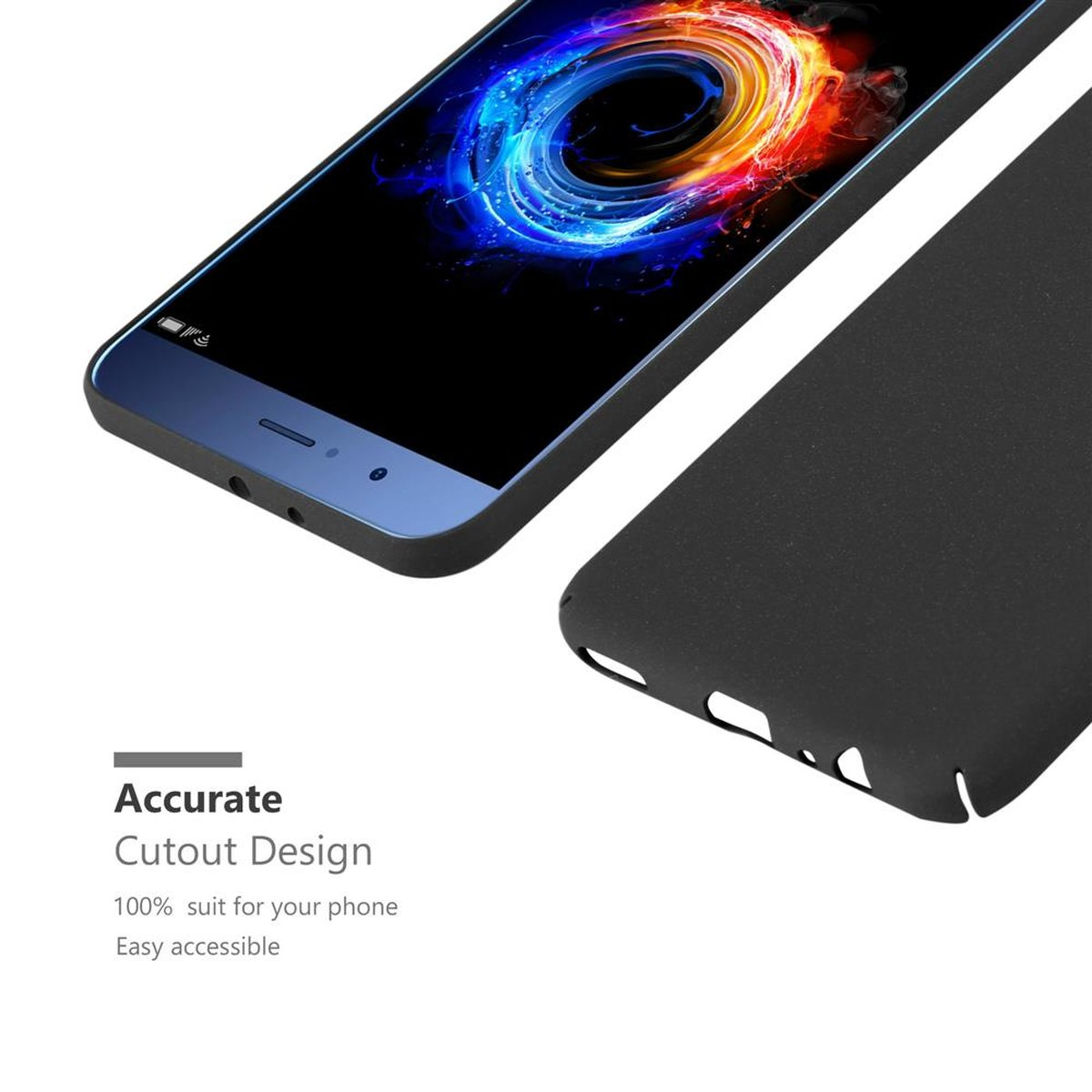 Telefono nero e una custodia nera. Lo schermo del telefono è blu. Sfondo bianco.