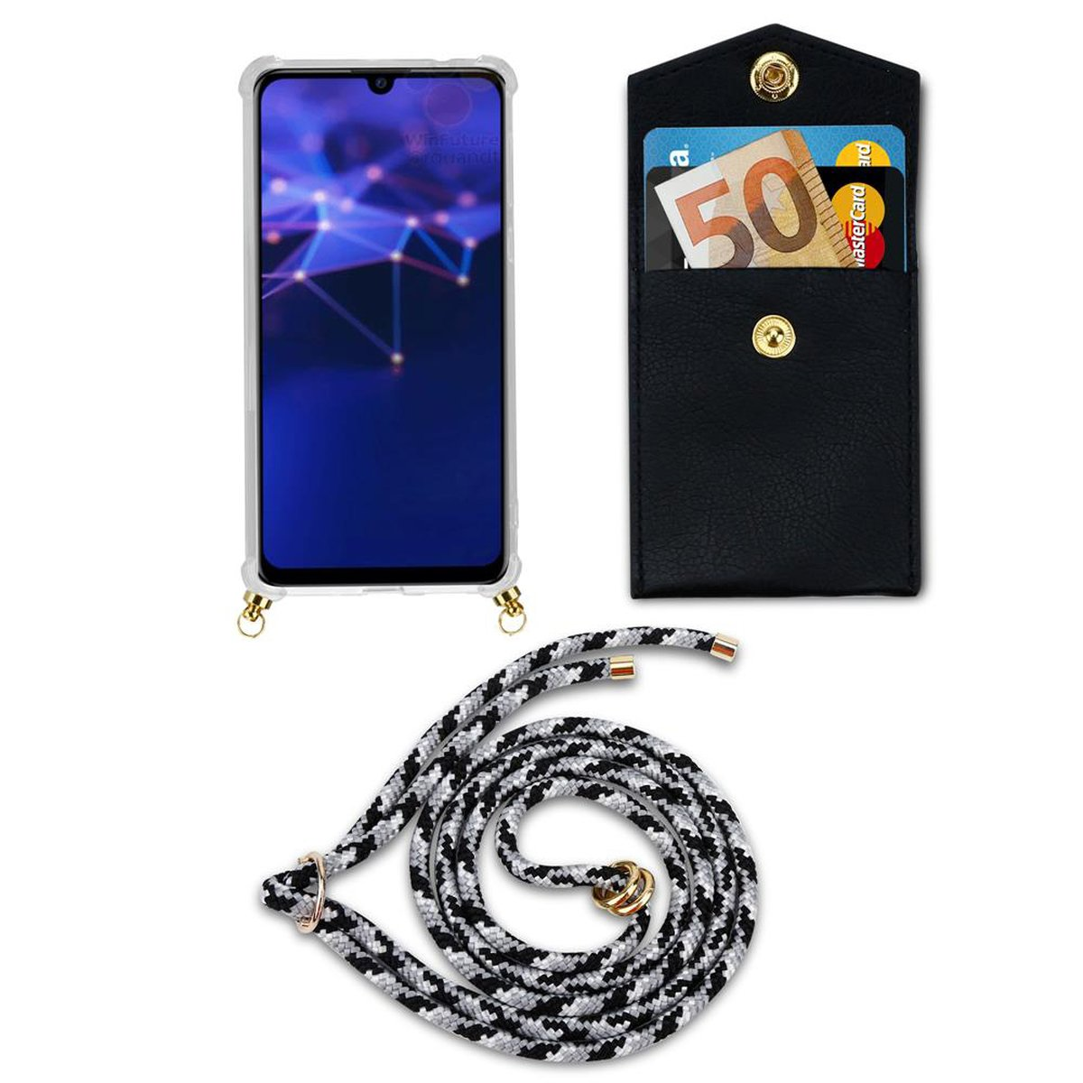 LITE abnehmbarer Backcover, Band Ringen, 10 Honor, Kette P Huawei 2019, CADORABO SCHWARZ Kordel Hülle, Gold und CAMOUFLAGE mit SMART / Handy