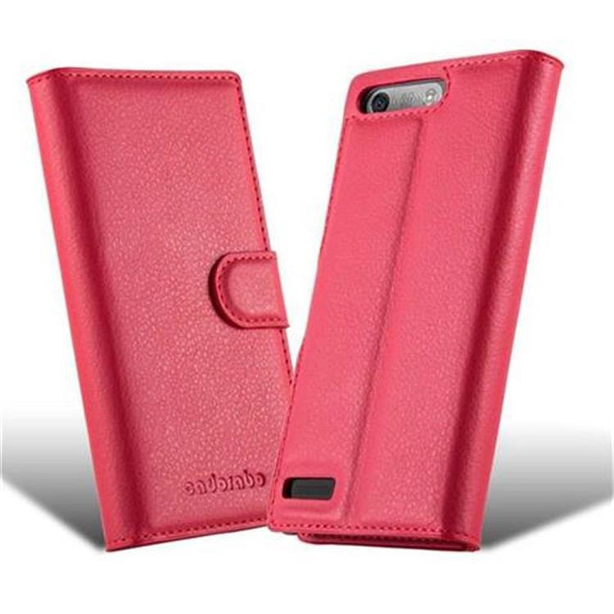 Dos fundas rojas para teléfono. Una cerrada, otra abierta. Mostrando el interior.