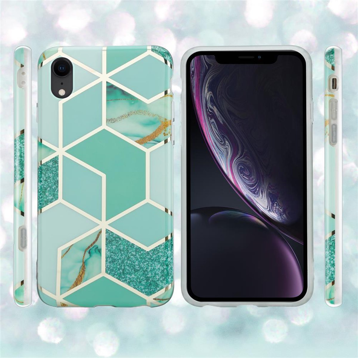 Custodia per telefono turchese con un design geometrico e un telefono bianco con schermo nero.