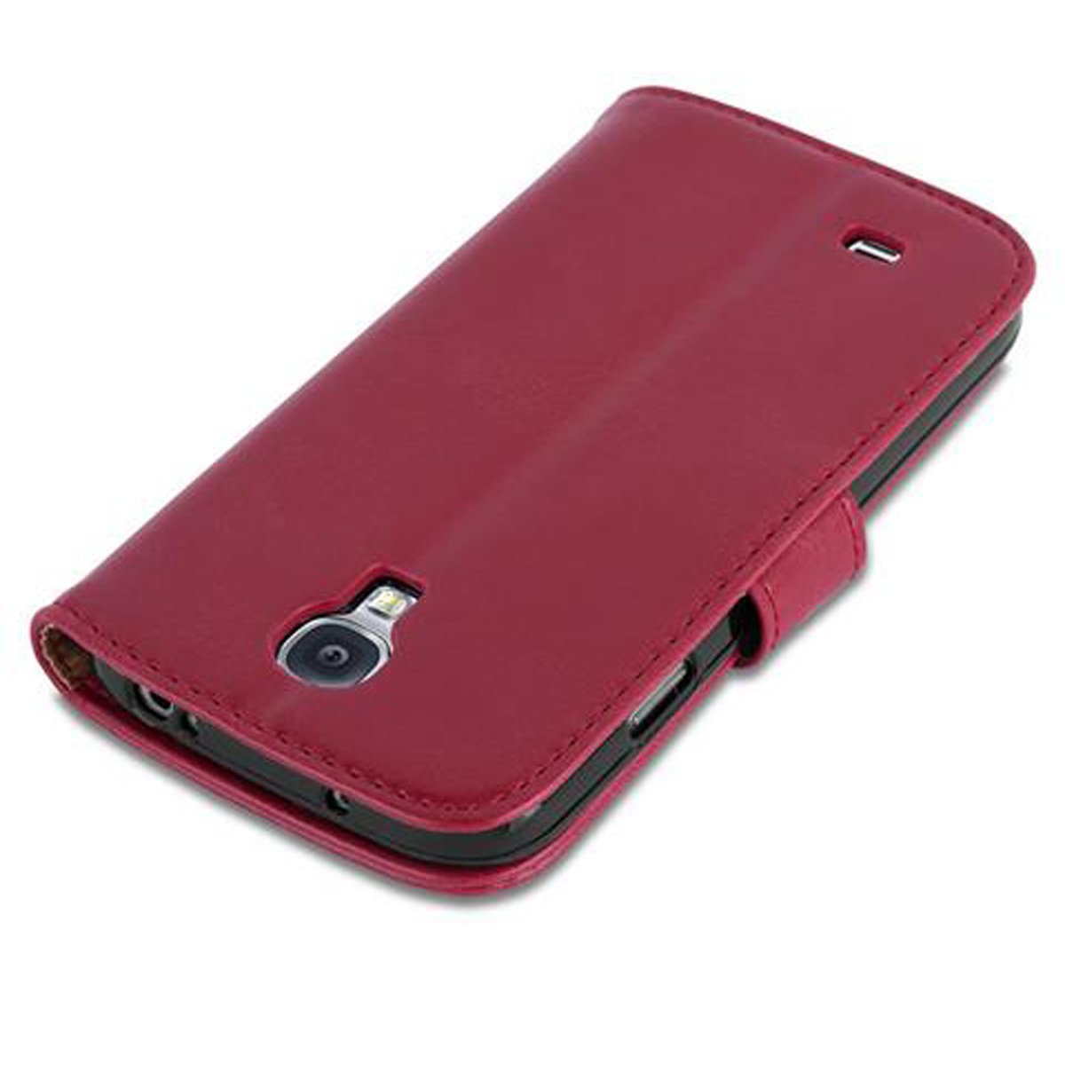 Viene mostrata una custodia per telefono in pelle bordeaux, con chiusura magnetica.