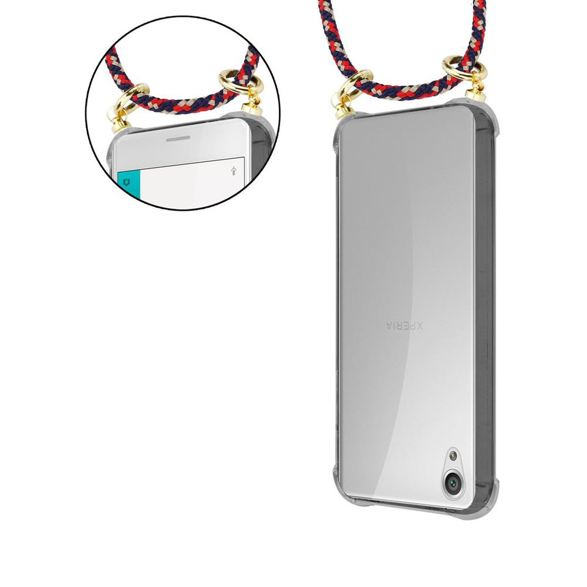 Transparente Handyhülle mit Riemen. Telefon sichtbar, mit Riemen befestigt. Rückseite.