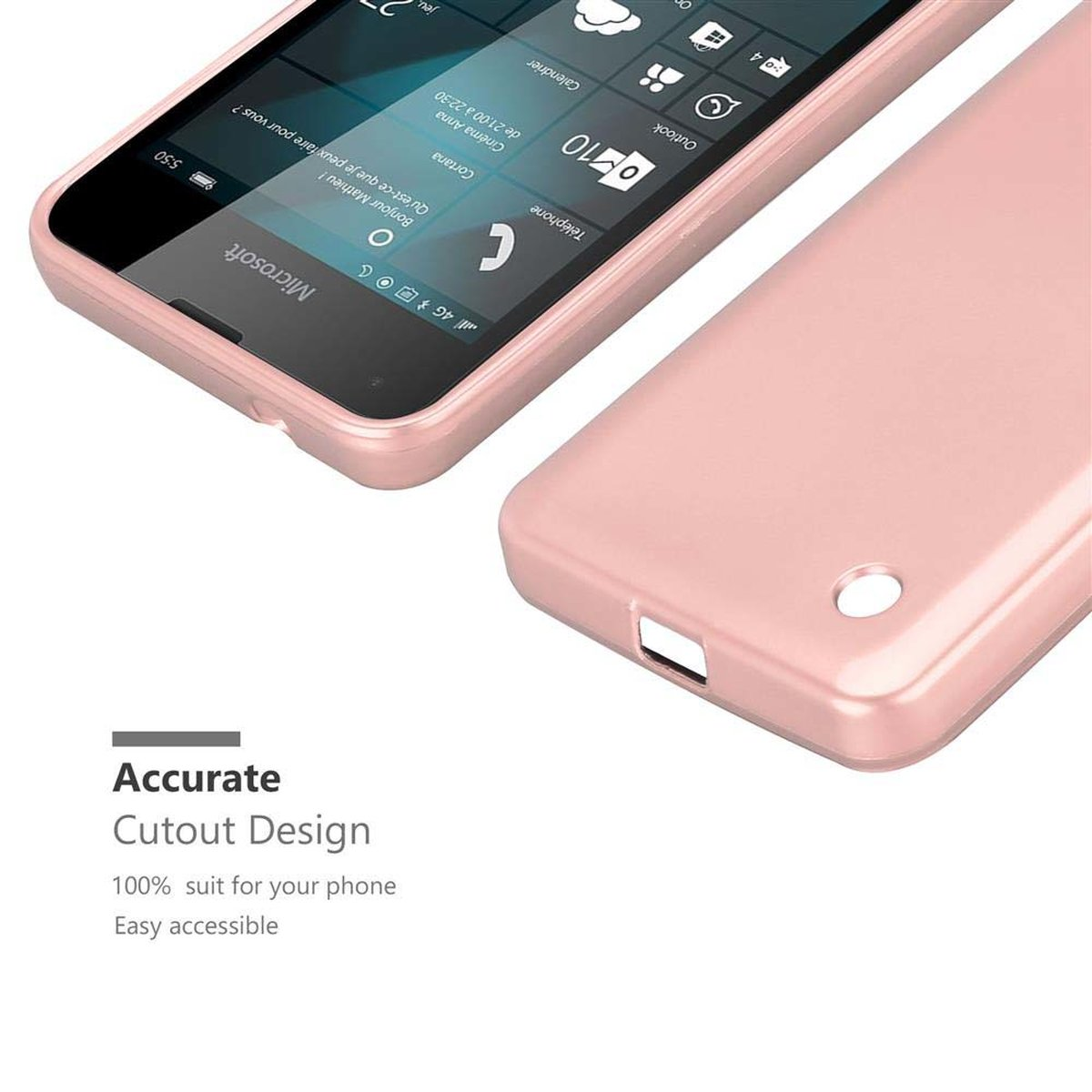 Teléfono rosa con funda, junto a la funda, con texto sobre diseño de recorte.