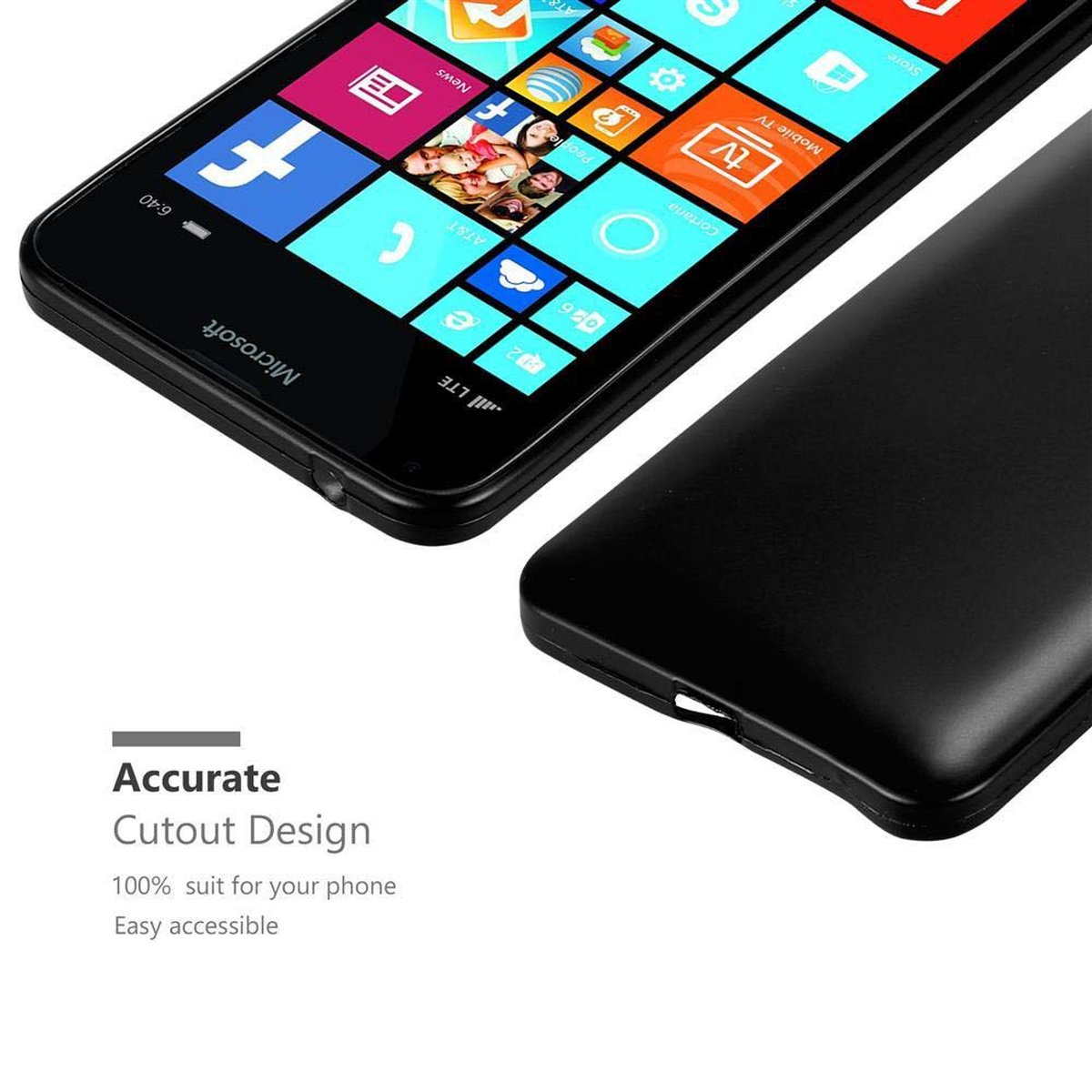 Un telefono nero con una custodia, lo schermo è acceso. Testo: 'Accurate Cutout Design'.