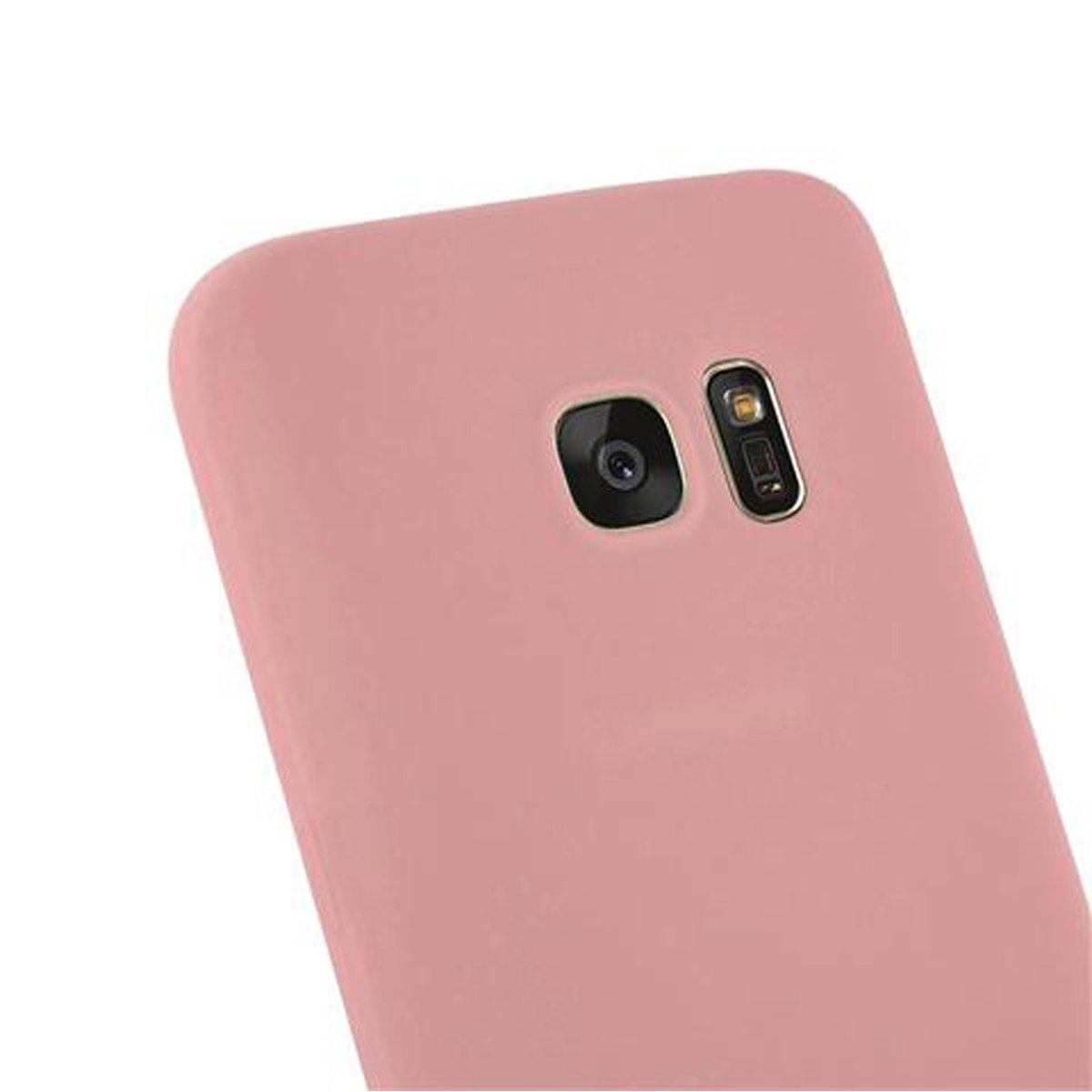 Un retrotelefono rosa. Il telefono ha una fotocamera e un flash.