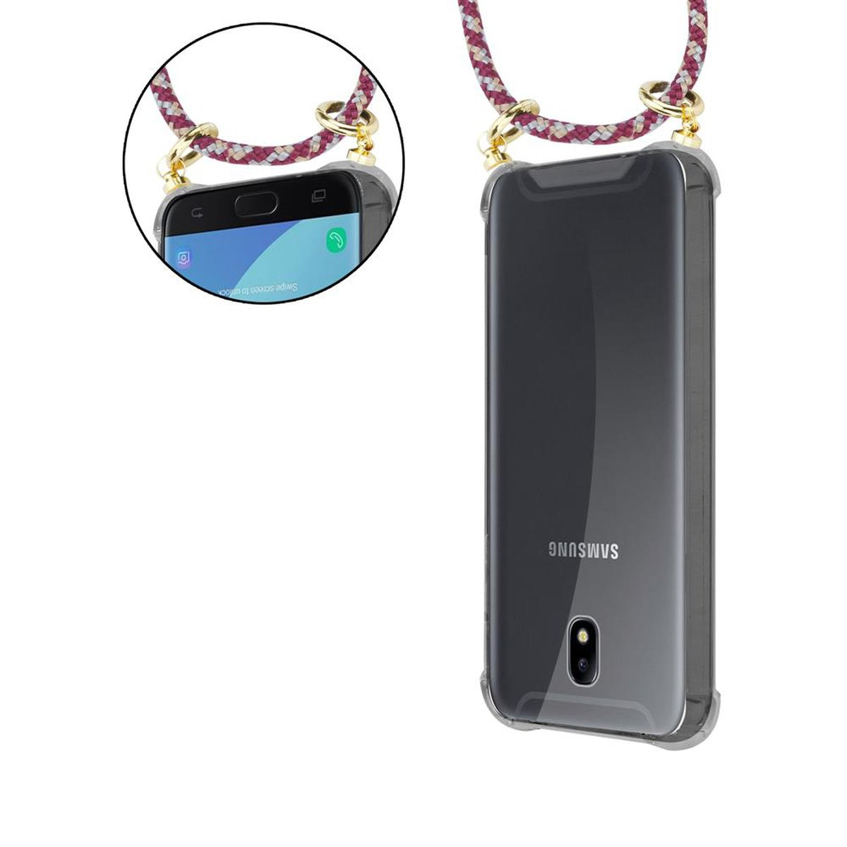 CADORABO Handy Kette mit Samsung, Hülle, Kordel Ringen, Galaxy 2018, und Band Gold GELB Backcover, abnehmbarer WEIß ROT J7